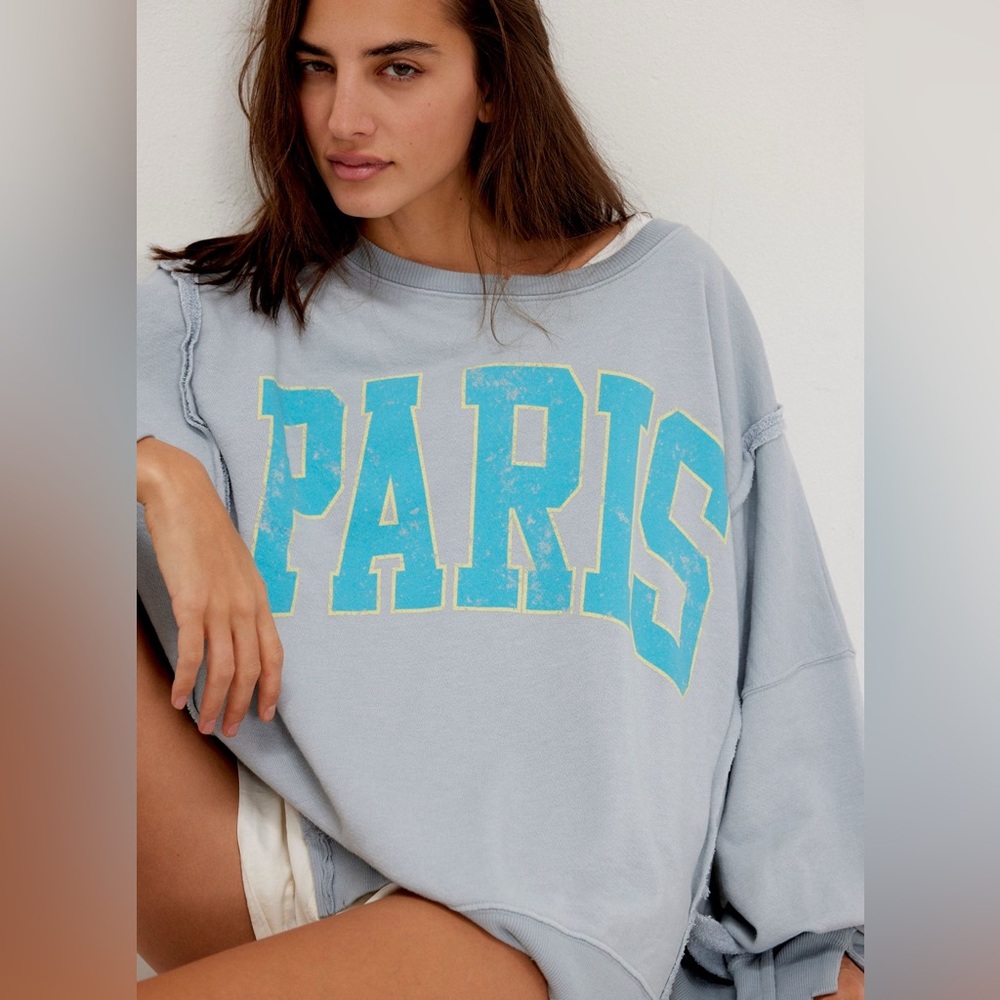 We The Free Light Blue 'Paris' Graphic Pullover Sweatshirt